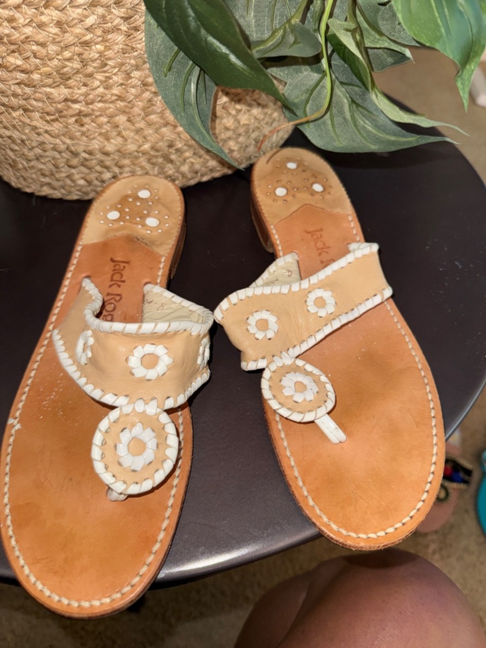 Jack Rogers Tan and White Leather Thong Sandals